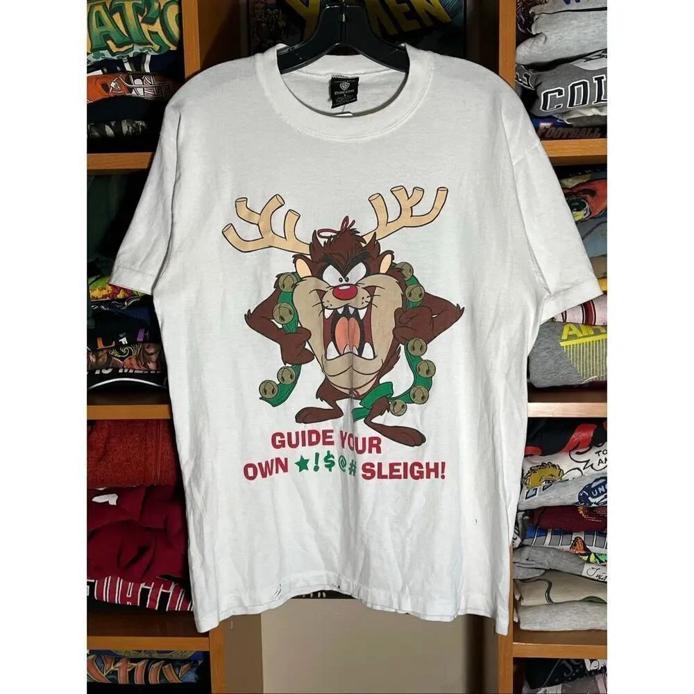 Vintage Looney Tunes Taz Guide Your Own Sleigh Christmas Tee